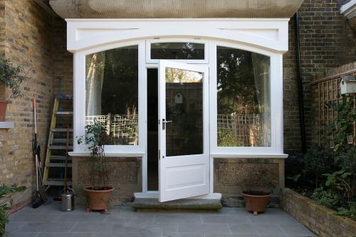 Arched arrangement of French Door, Casement toplight and fixed sidelights